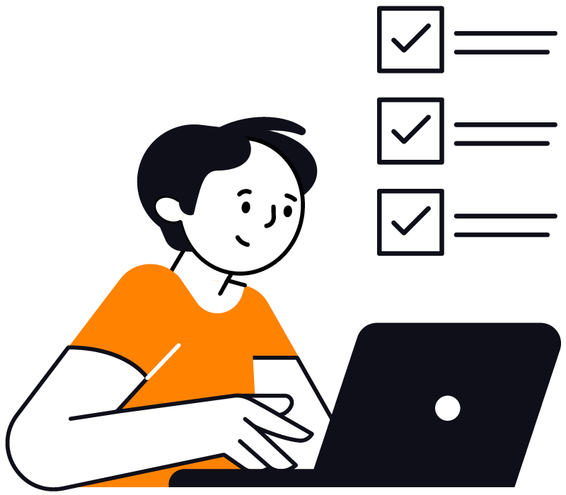 Graphic of male working on laptop with three ticked boxes above his head.