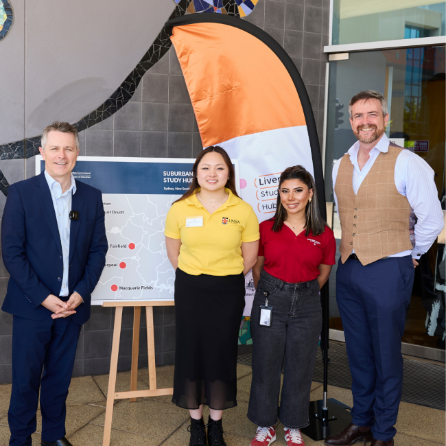 The Hon Jason Clare MP, UNSW Vice-Chancellor and President Atilla Brungs, and students at the launch event.