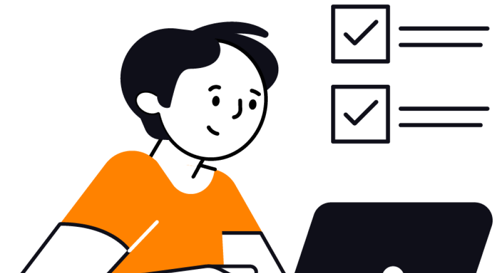 Graphic of male working on laptop with three ticked boxes above his head.